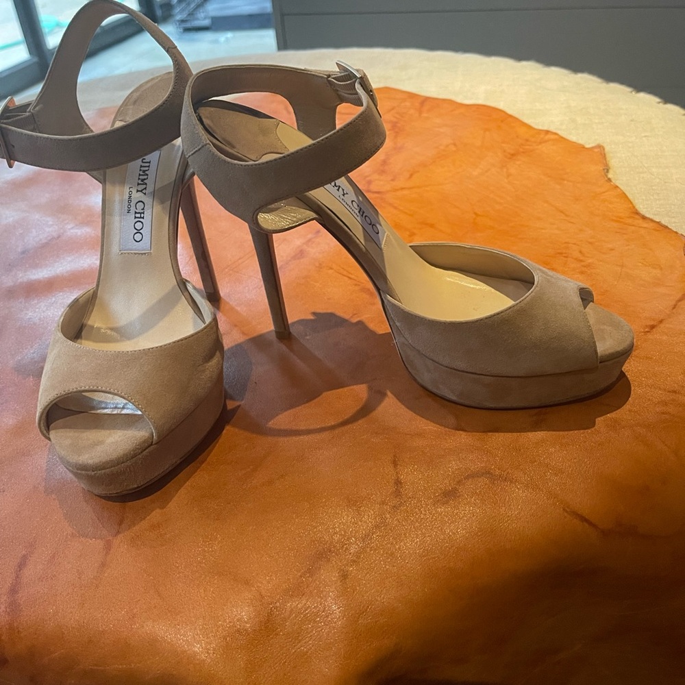 Jimmy Choo Beige Suede Platform Peep-Toe Heels